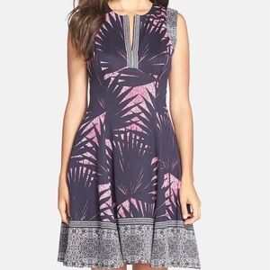 Maggy London Dress Womens Petites 8P Navy Pink Palm Print Fit & Flare